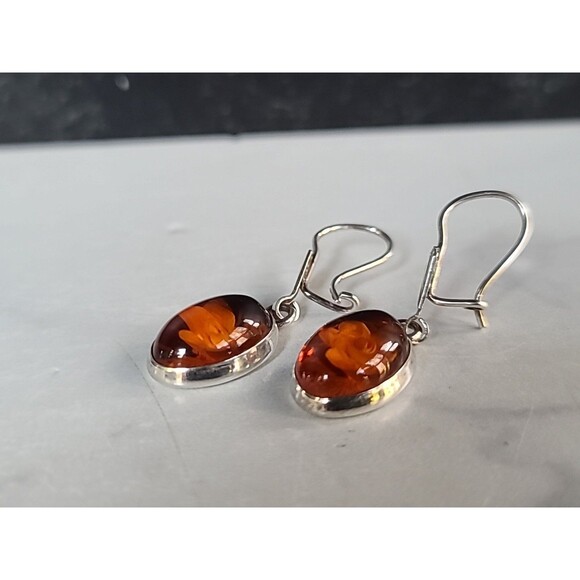 925 Sterling Silver Floral Resin Dangling Pierced Earrings Vintage - Picture 6 of 10